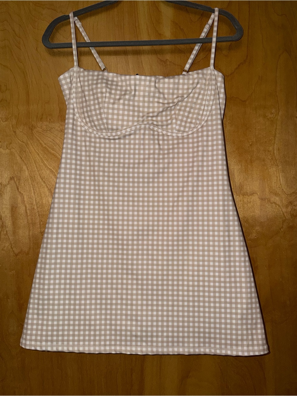 Neutral Gingham Spaghetti Strap Mini Dress